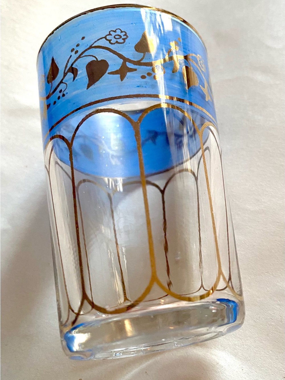 French made 1950s Moroccan Tea Glass. Hand painted blue and gold. GUC. 3.5 tall